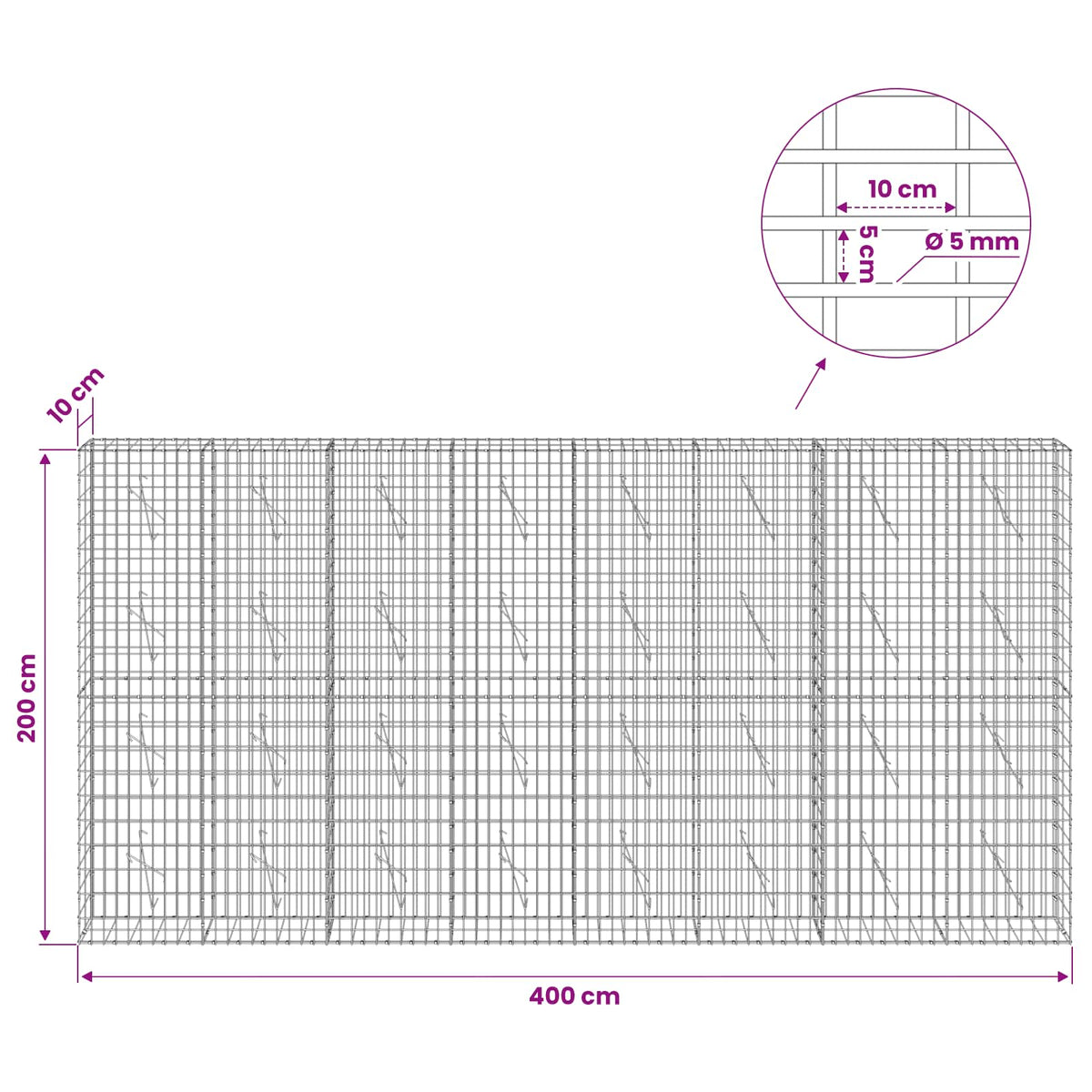 Γκαμπιόν με σύρμα 5 mm και πλέγμα 5x10 cm 400x10x200 εκ