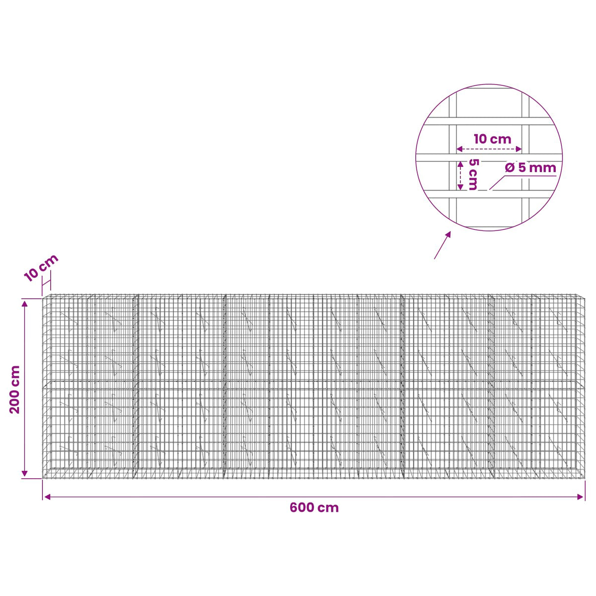 Γκαμπιόν με σύρμα 5 mm και πλέγμα 5x10 cm 600x10x200 εκ