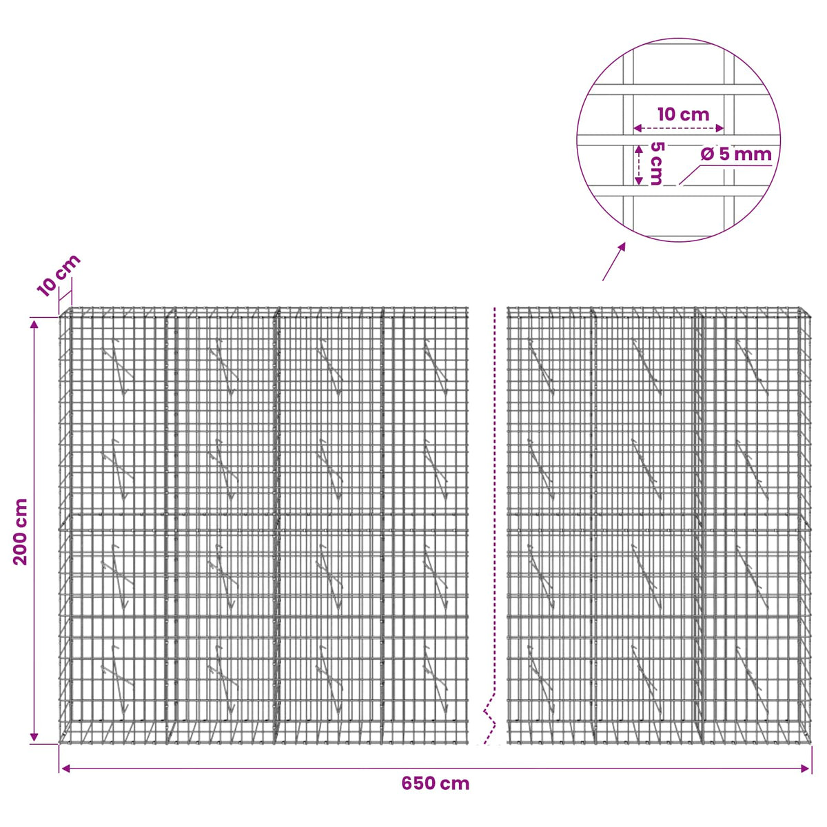 Γκαμπιόν με σύρμα 5 mm και πλέγμα 5x10 cm 650x10x200 εκ