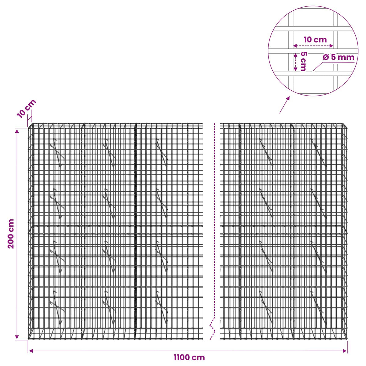 Γκαμπιόν με σύρμα 5 mm και πλέγμα 5x10 cm 1100x10x200 εκ - Pakobazaar