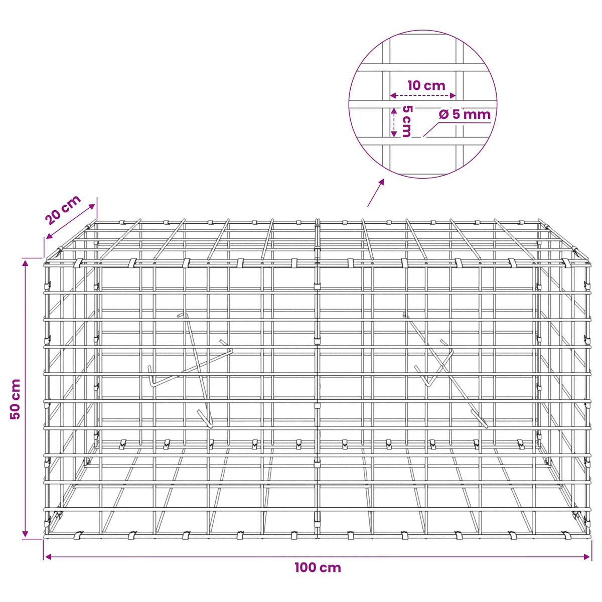 Γκαμπιόν με σύρμα 5 mm και πλέγμα 5x10 cm 100x20x50 εκ - Pakobazaar