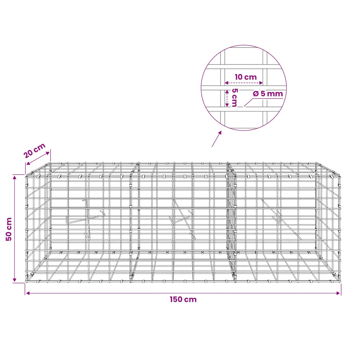 Γκαμπιόν με σύρμα 5 mm και πλέγμα 5x10 cm 150x20x50 εκ - Pakobazaar