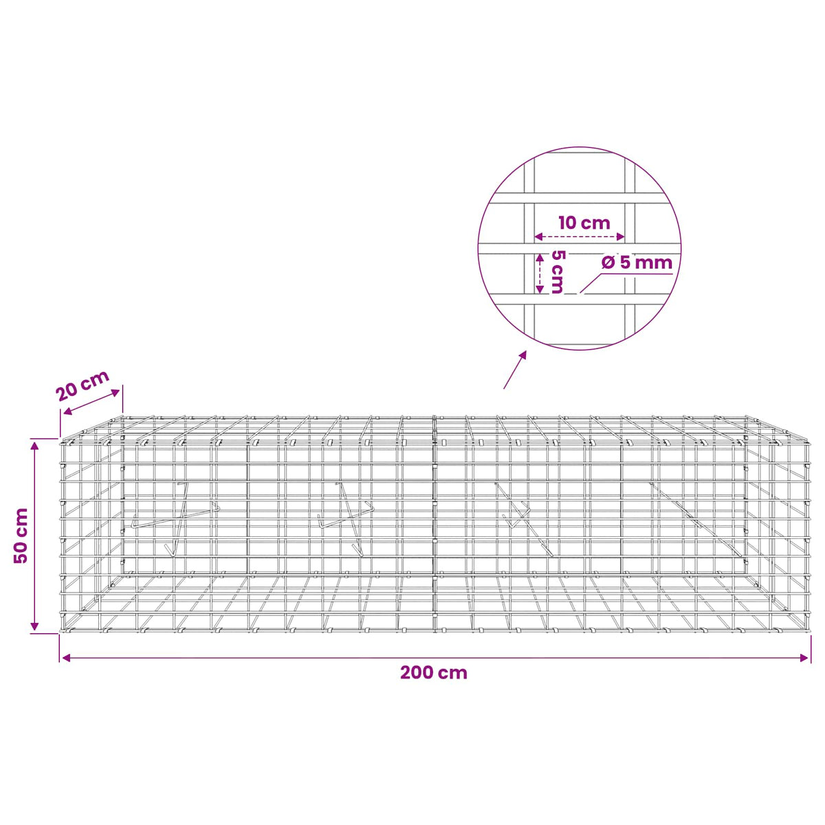 Γκαμπιόν με σύρμα 5 mm και πλέγμα 5x10 cm 200x20x50 εκ