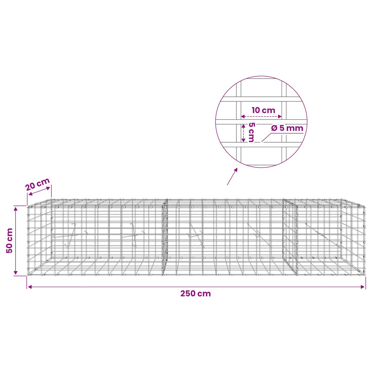 Γκαμπιόν με σύρμα 5 mm και πλέγμα 5x10 cm 250x20x50 εκ - Pakobazaar
