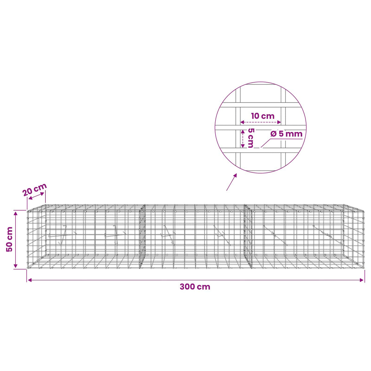 Γκαμπιόν με σύρμα 5 mm και πλέγμα 5x10 cm 300x20x50 εκ - Pakobazaar