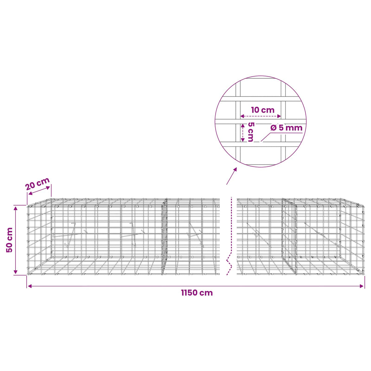 Γκαμπιόν με σύρμα 5 mm και πλέγμα 5x10 cm 1150x20x50 εκ - Pakobazaar