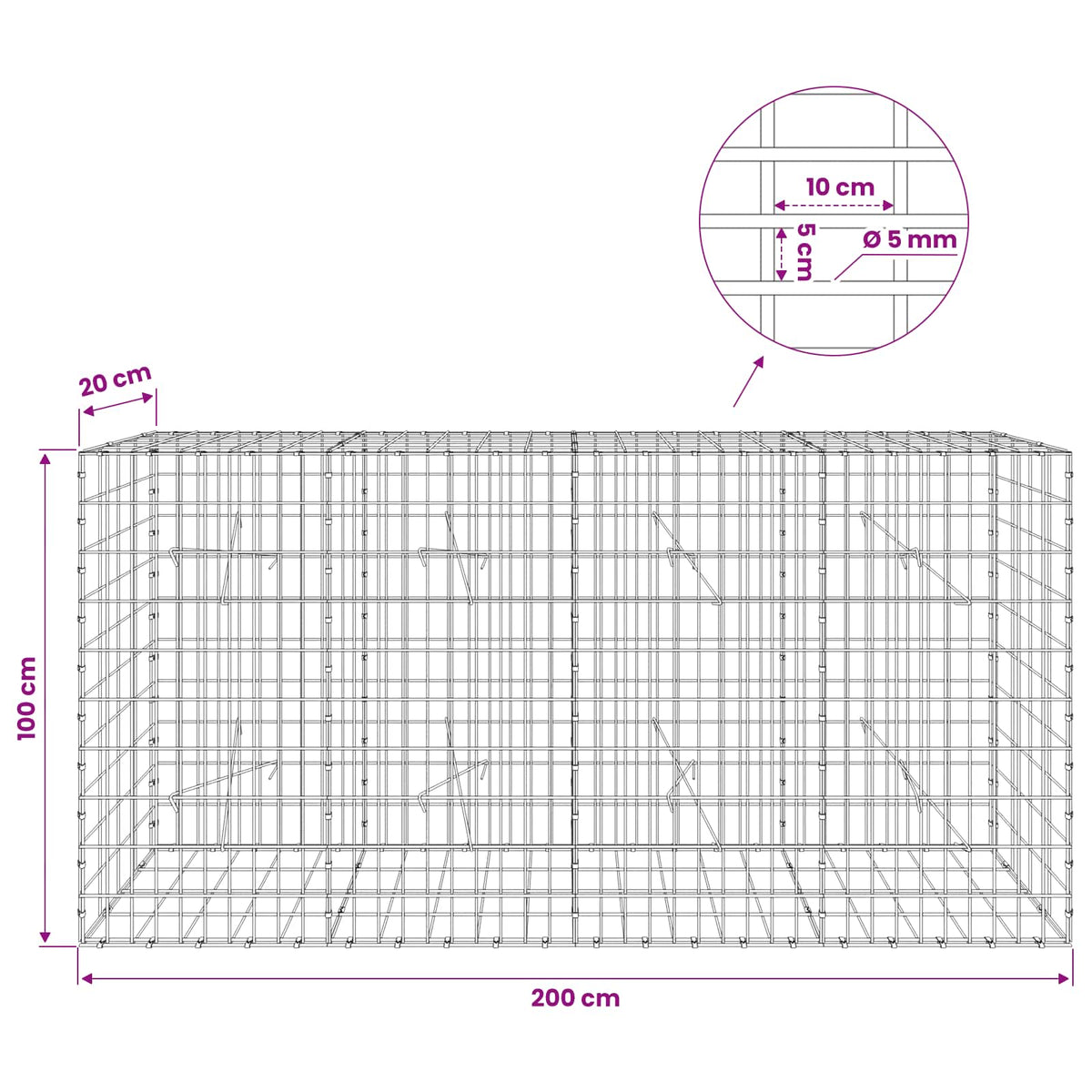 Γκαμπιόν με σύρμα 5 mm και πλέγμα 5x10 cm 200x20x100 εκ - Pakobazaar