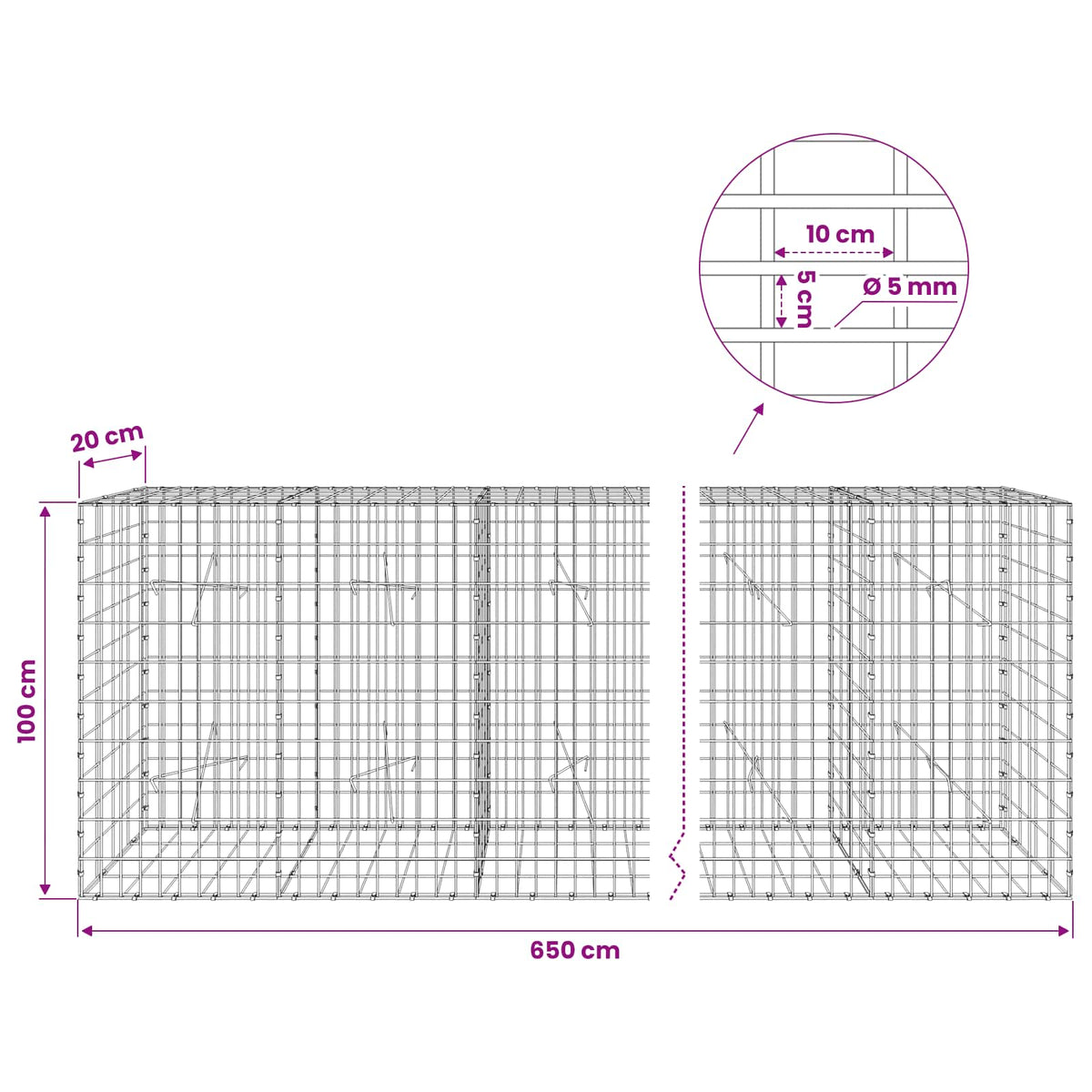 Γκαμπιόν με σύρμα 5 mm και πλέγμα 5x10 cm 650x20x100 εκ - Pakobazaar