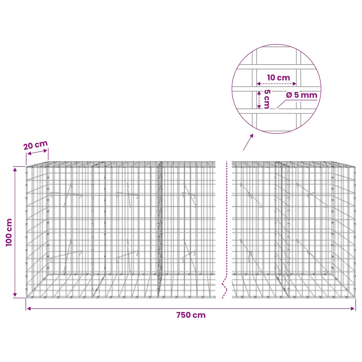 Γκαμπιόν με σύρμα 5 mm και πλέγμα 5x10 cm 750x20x100 εκ - Pakobazaar