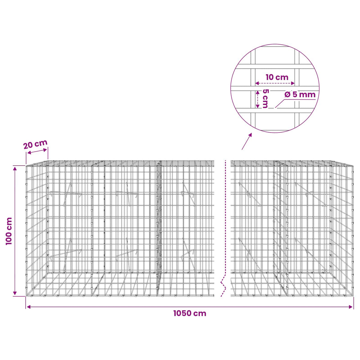 Γκαμπιόν με σύρμα 5 mm και πλέγμα 5x10 cm 1050x20x100 εκ