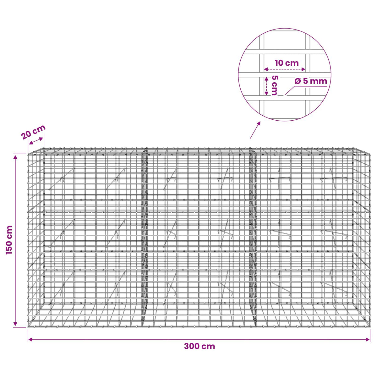 Γκαμπιόν με σύρμα 5 mm και πλέγμα 5x10 cm 300x20x150 εκ