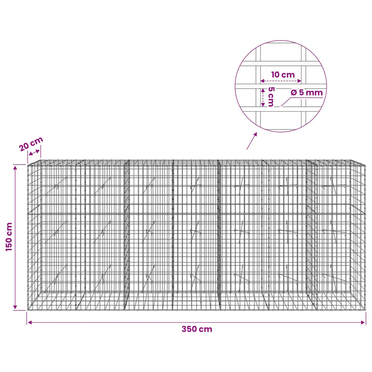 Γκαμπιόν με σύρμα 5 mm και πλέγμα 5x10 cm 350x20x150 εκ - Pakobazaar