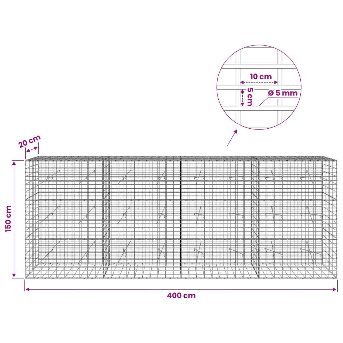 Γκαμπιόν με σύρμα 5 mm και πλέγμα 5x10 cm 400x20x150 εκ - Pakobazaar