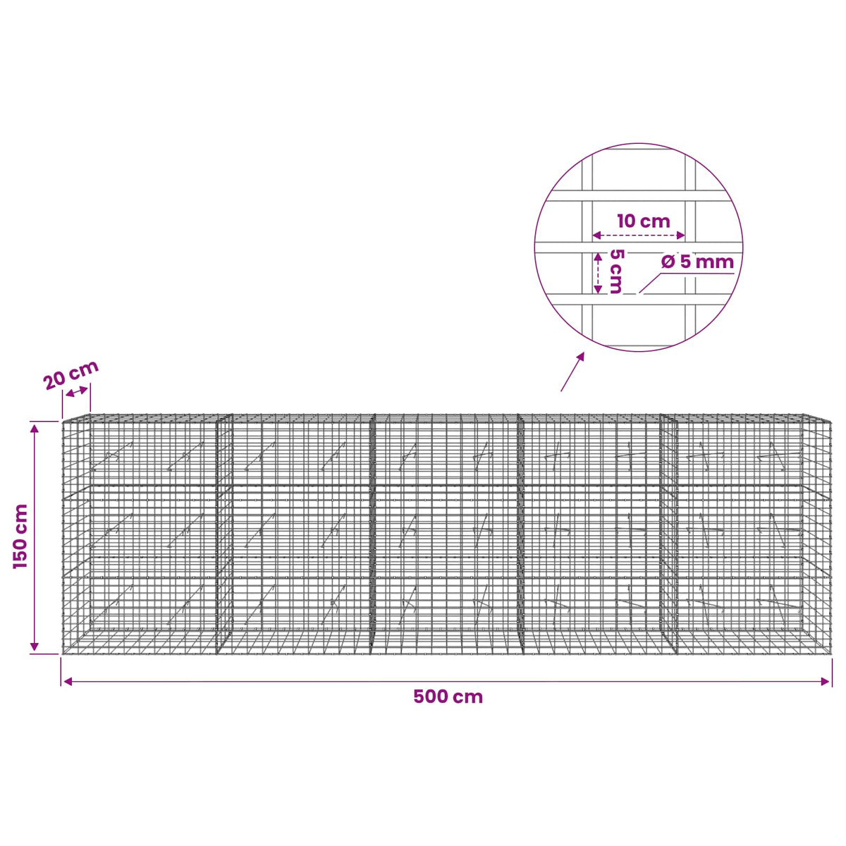 Γκαμπιόν με σύρμα 5 mm και πλέγμα 5x10 cm 500x20x150 εκ - Pakobazaar