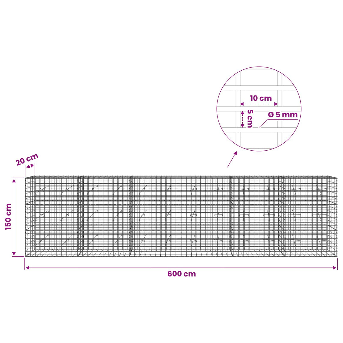 Γκαμπιόν με σύρμα 5 mm και πλέγμα 5x10 cm 600x20x150 εκ - Pakobazaar