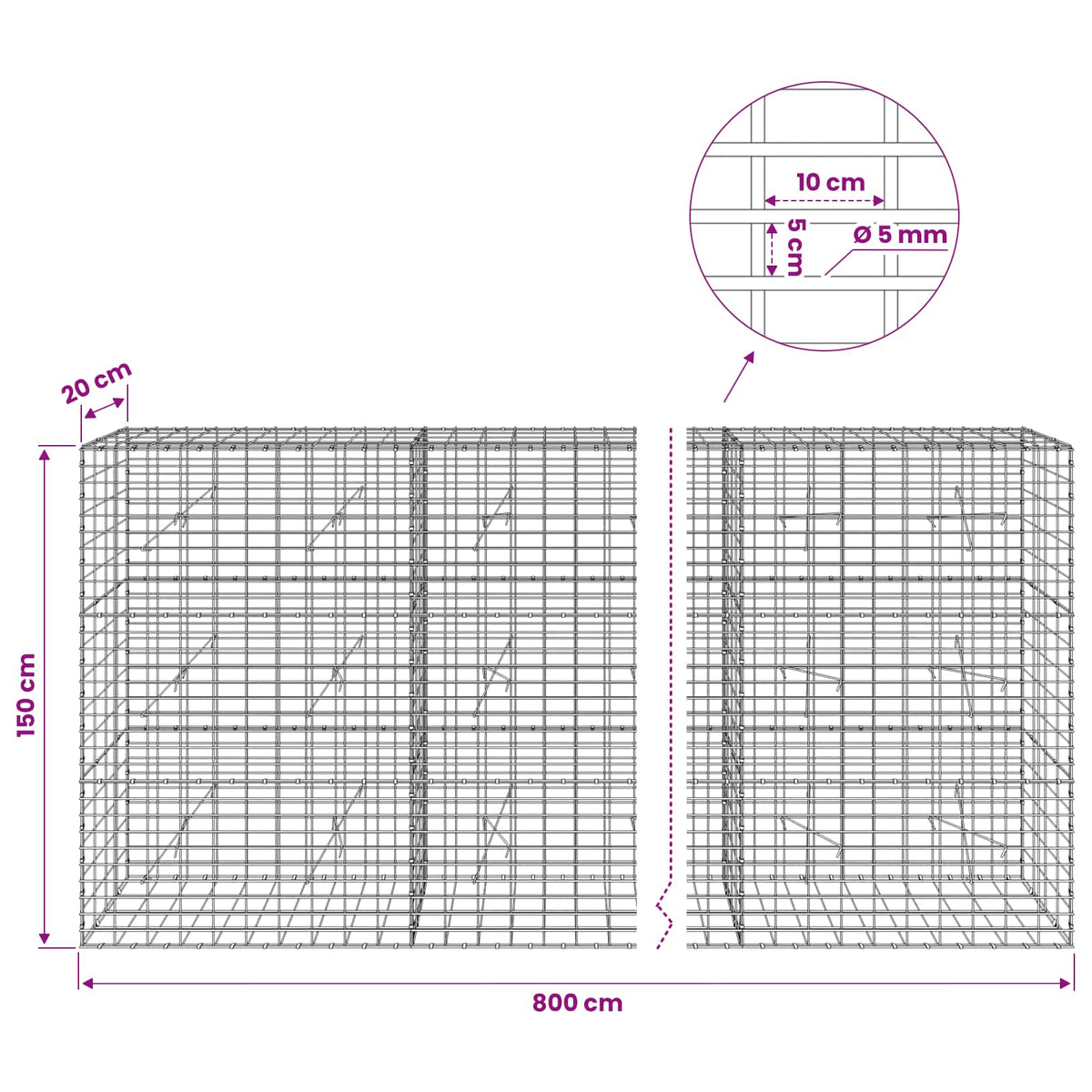 Γκαμπιόν με σύρμα 5 mm και πλέγμα 5x10 cm 800x20x150 εκ - Pakobazaar