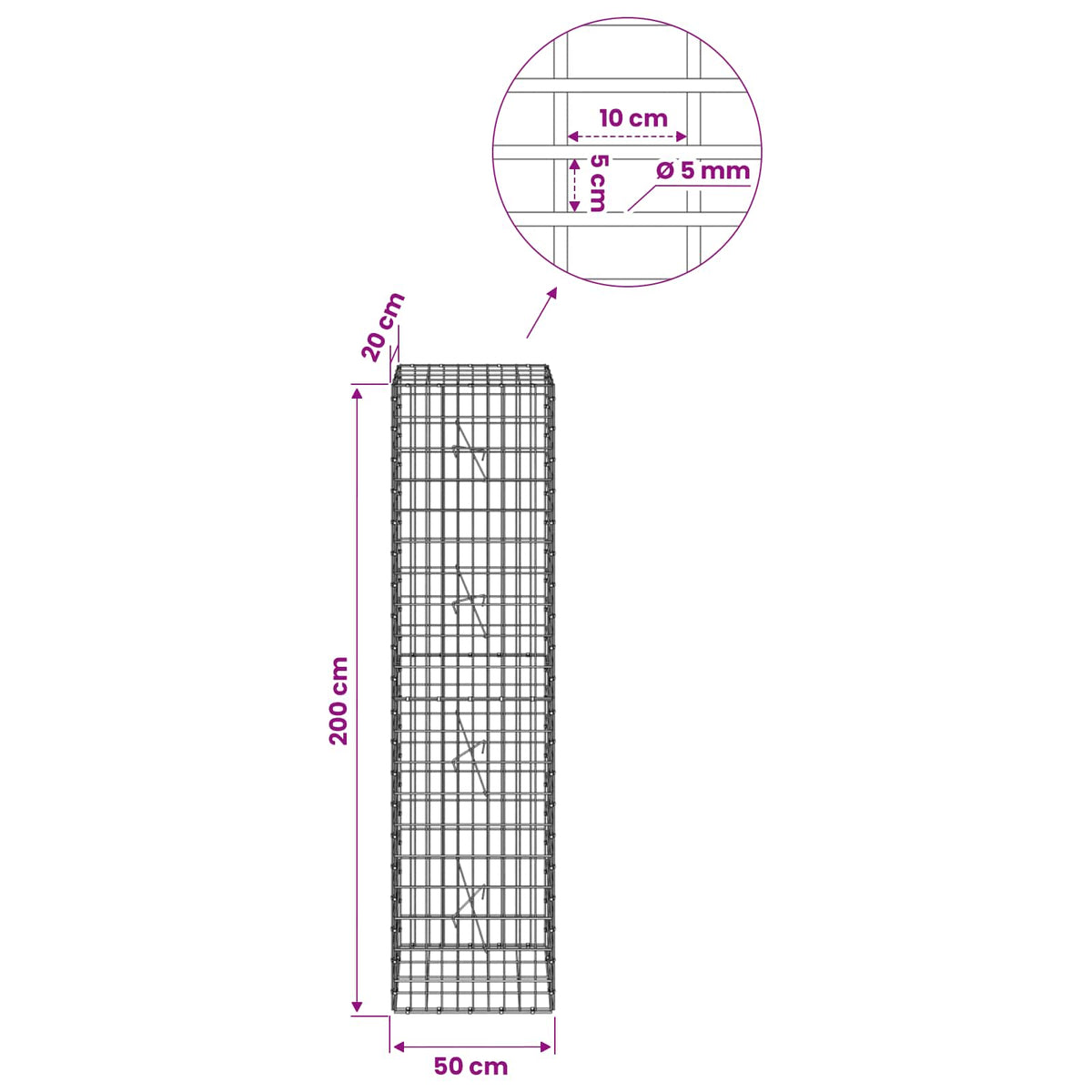 Γκαμπιόν με σύρμα 5 mm και πλέγμα 5x10 cm 50x20x200 εκ