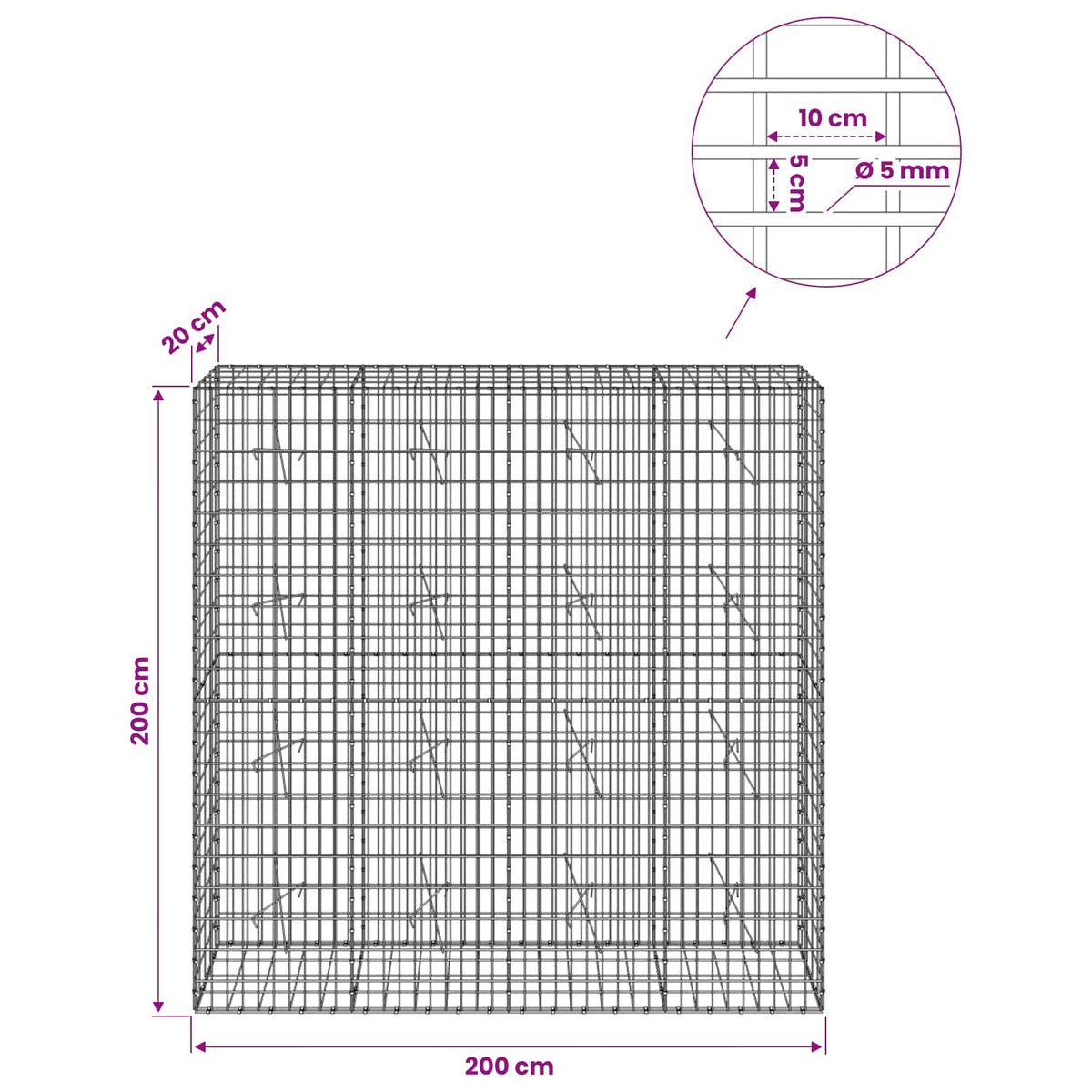 Γκαμπιόν με σύρμα 5 mm και πλέγμα 5x10 cm 200x20x200 εκ