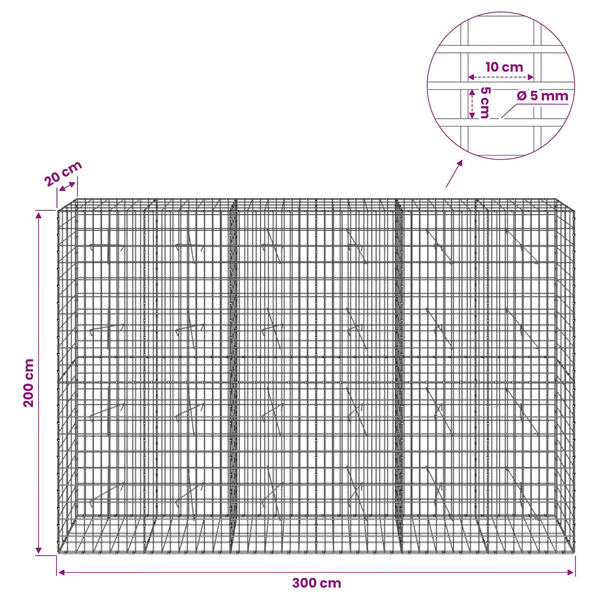 Γκαμπιόν με σύρμα 5 mm και πλέγμα 5x10 cm 300x20x200 εκ - Pakobazaar