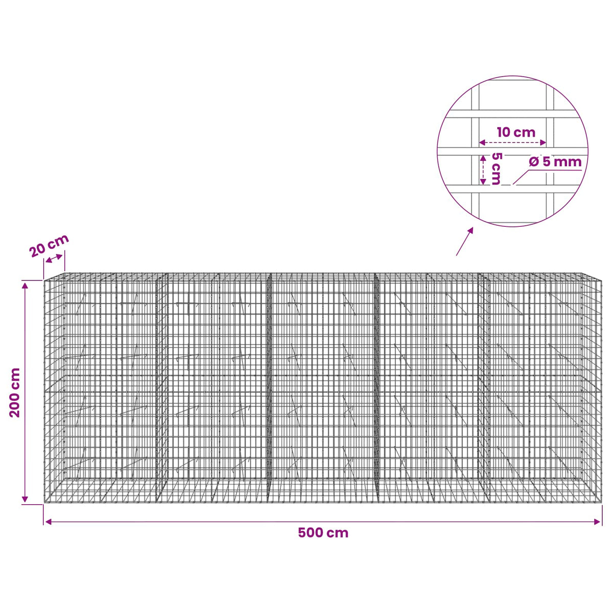 Γκαμπιόν με σύρμα 5 mm και πλέγμα 5x10 cm 500x20x200 εκ - Pakobazaar