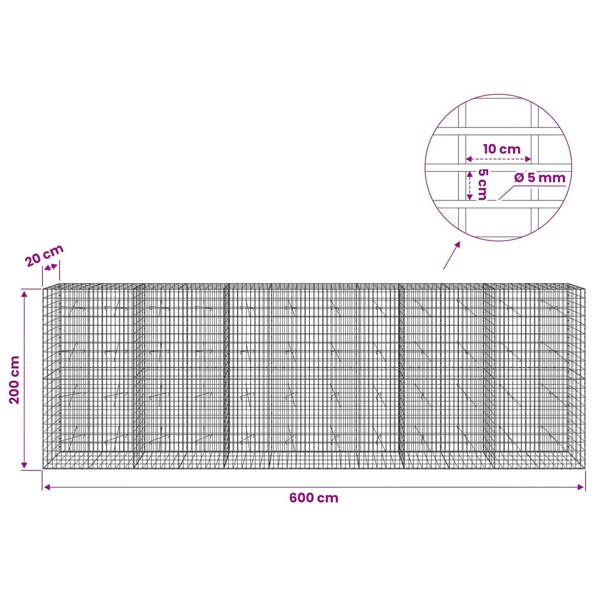 Γκαμπιόν με σύρμα 5 mm και πλέγμα 5x10 cm 600x20x200 εκ - Pakobazaar
