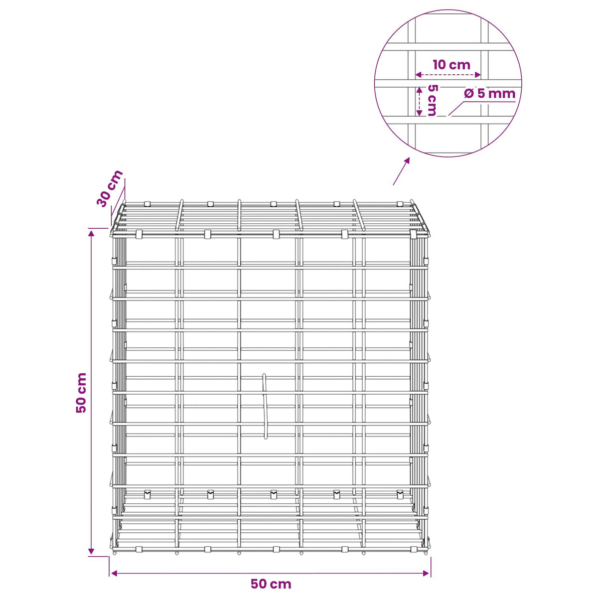 Γκαμπιόν με σύρμα 5 mm και πλέγμα 5x10 cm 50x30x50 εκ. - Pakobazaar