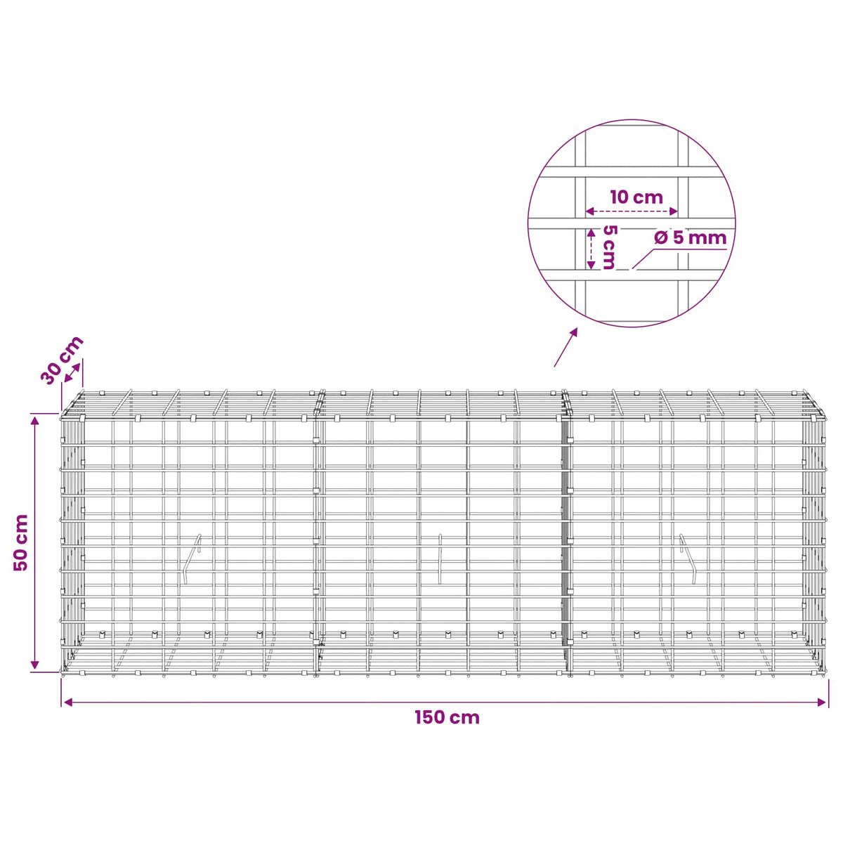 Γκαμπιόν με σύρμα 5 mm και πλέγμα 5x10 cm 150x30x50 εκ - Pakobazaar