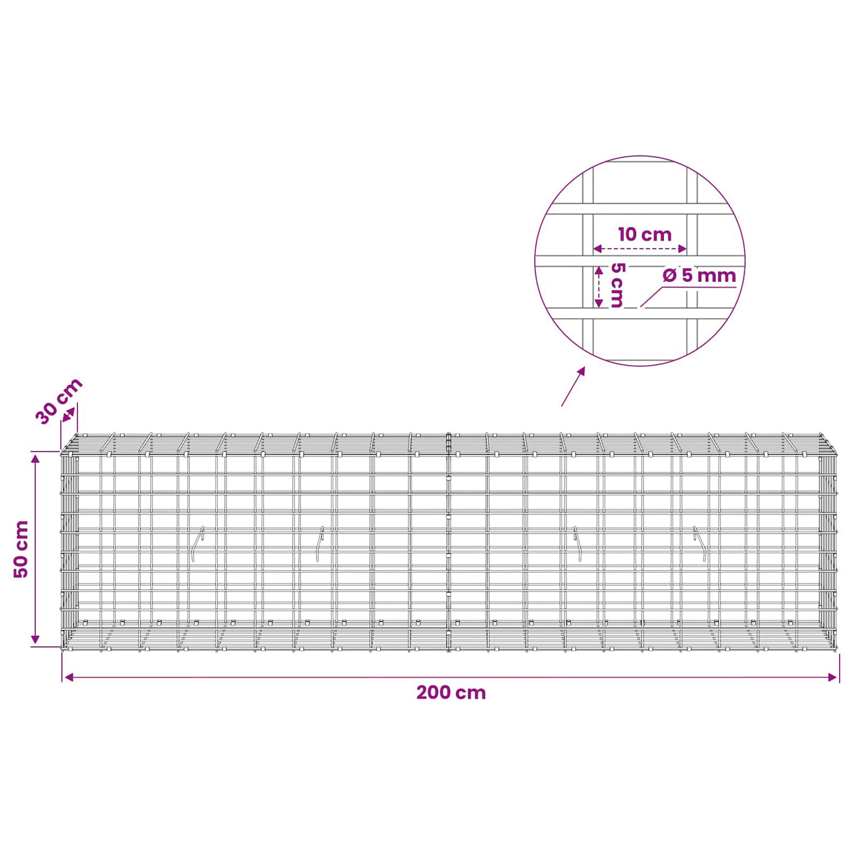 Γκαμπιόν με σύρμα 5 mm και πλέγμα 5x10 cm 200x30x50 εκ