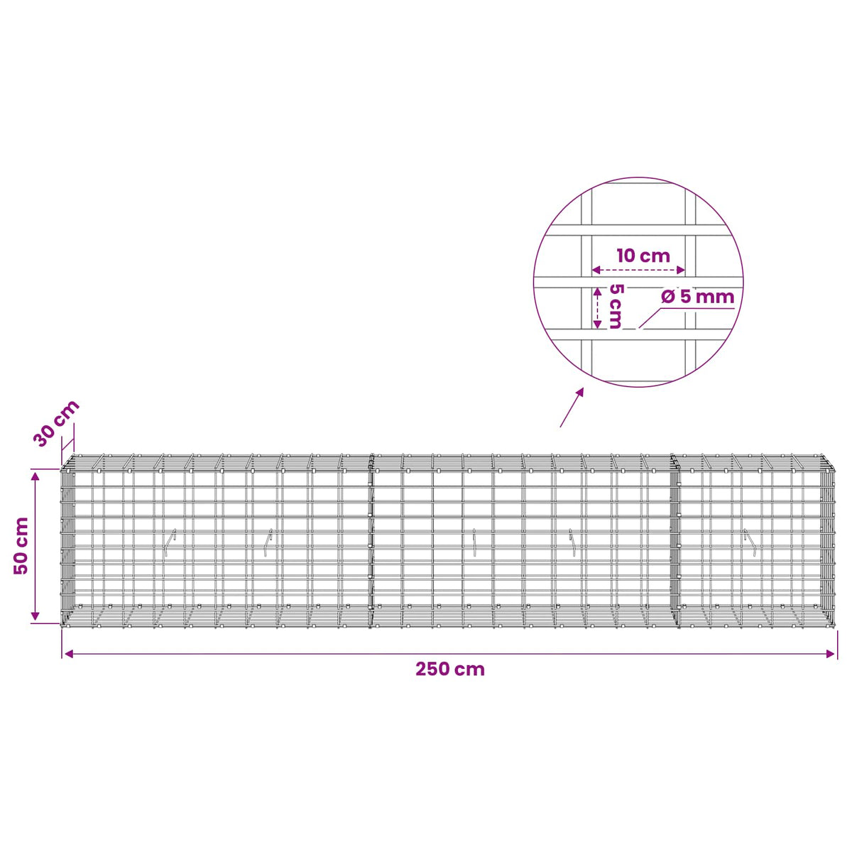 Γκαμπιόν με σύρμα 5 mm και πλέγμα 5x10 cm 250x30x50 εκ - Pakobazaar