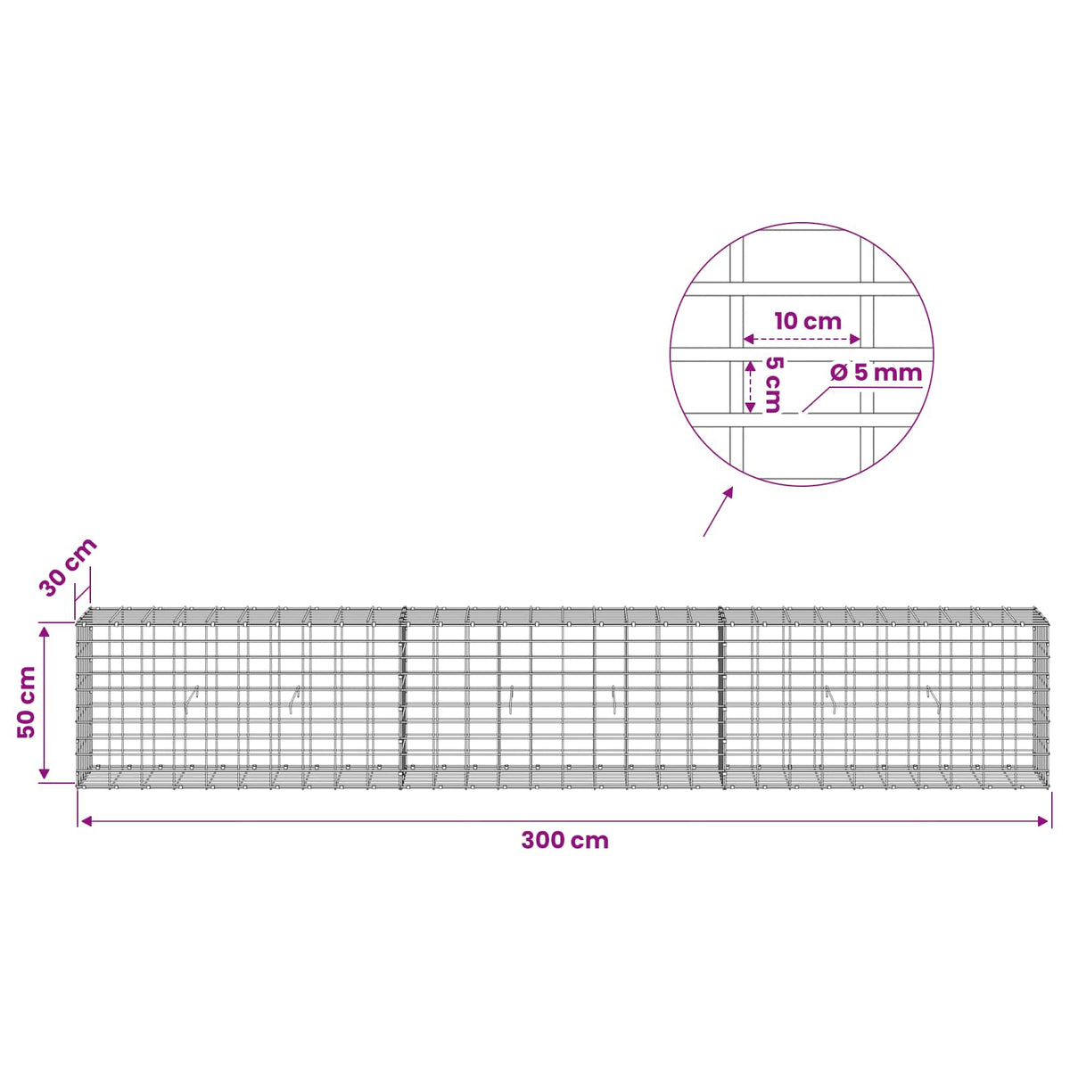 Γκαμπιόν με σύρμα 5 mm και πλέγμα 5x10 cm 300x30x50 εκ