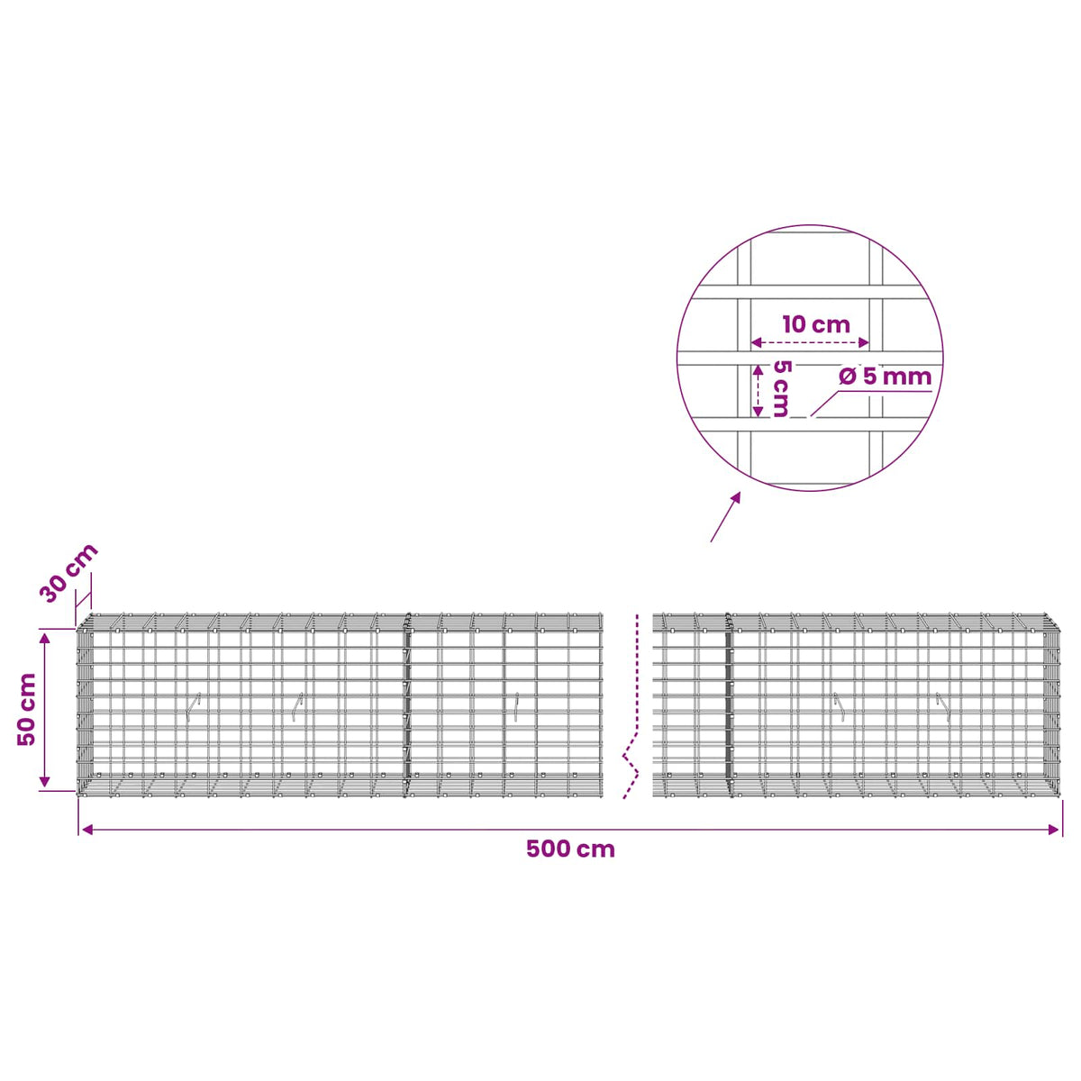 Γκαμπιόν με σύρμα 5 mm και πλέγμα 5x10 cm 500x30x50 εκ - Pakobazaar