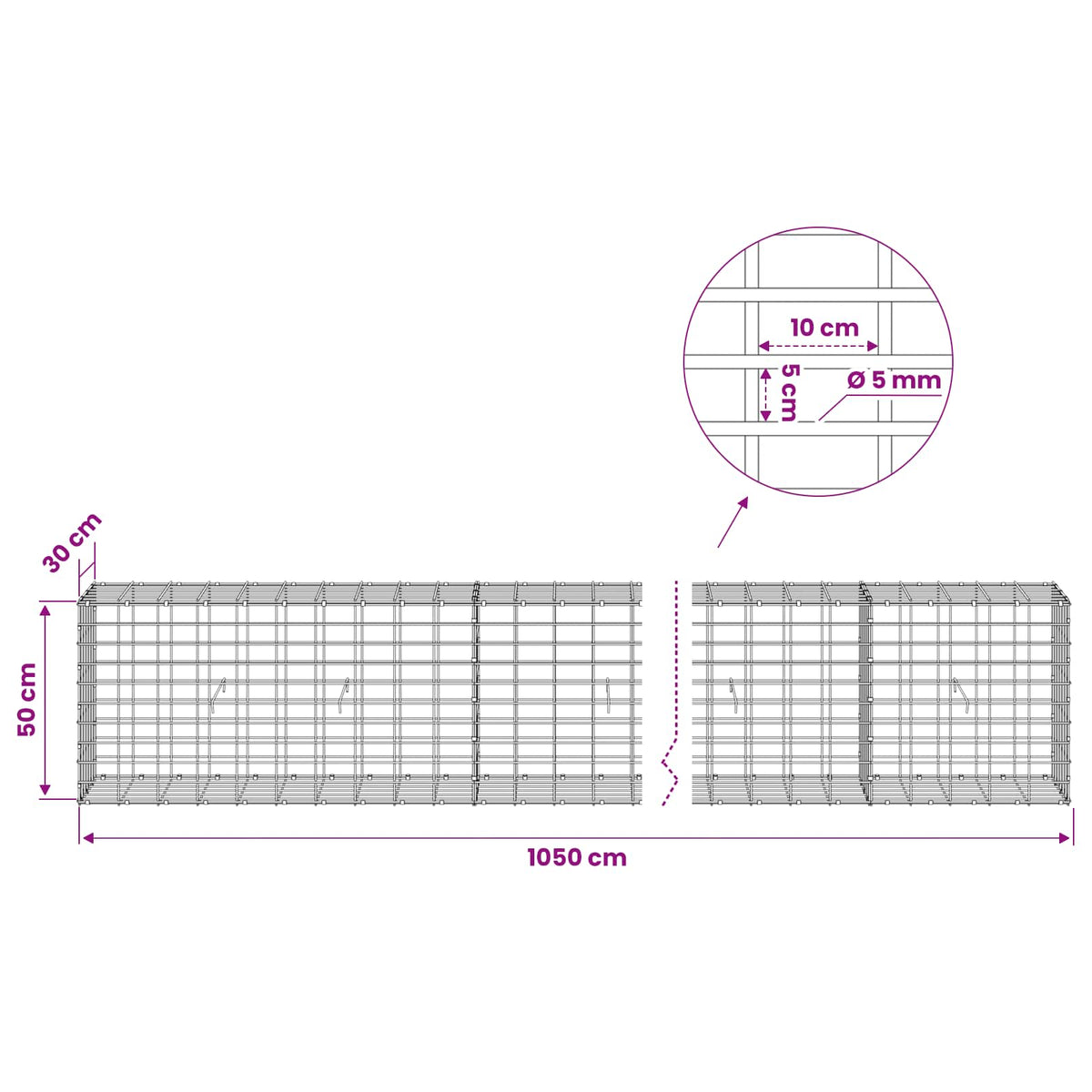 Γκαμπιόν με σύρμα 5 mm και πλέγμα 5x10 cm 1050x30x50 εκ - Pakobazaar