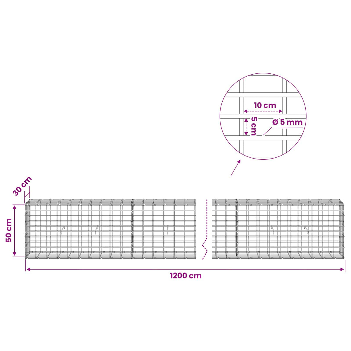 Γκαμπιόν με σύρμα 5 mm και πλέγμα 5x10 cm 1200x30x50 εκ