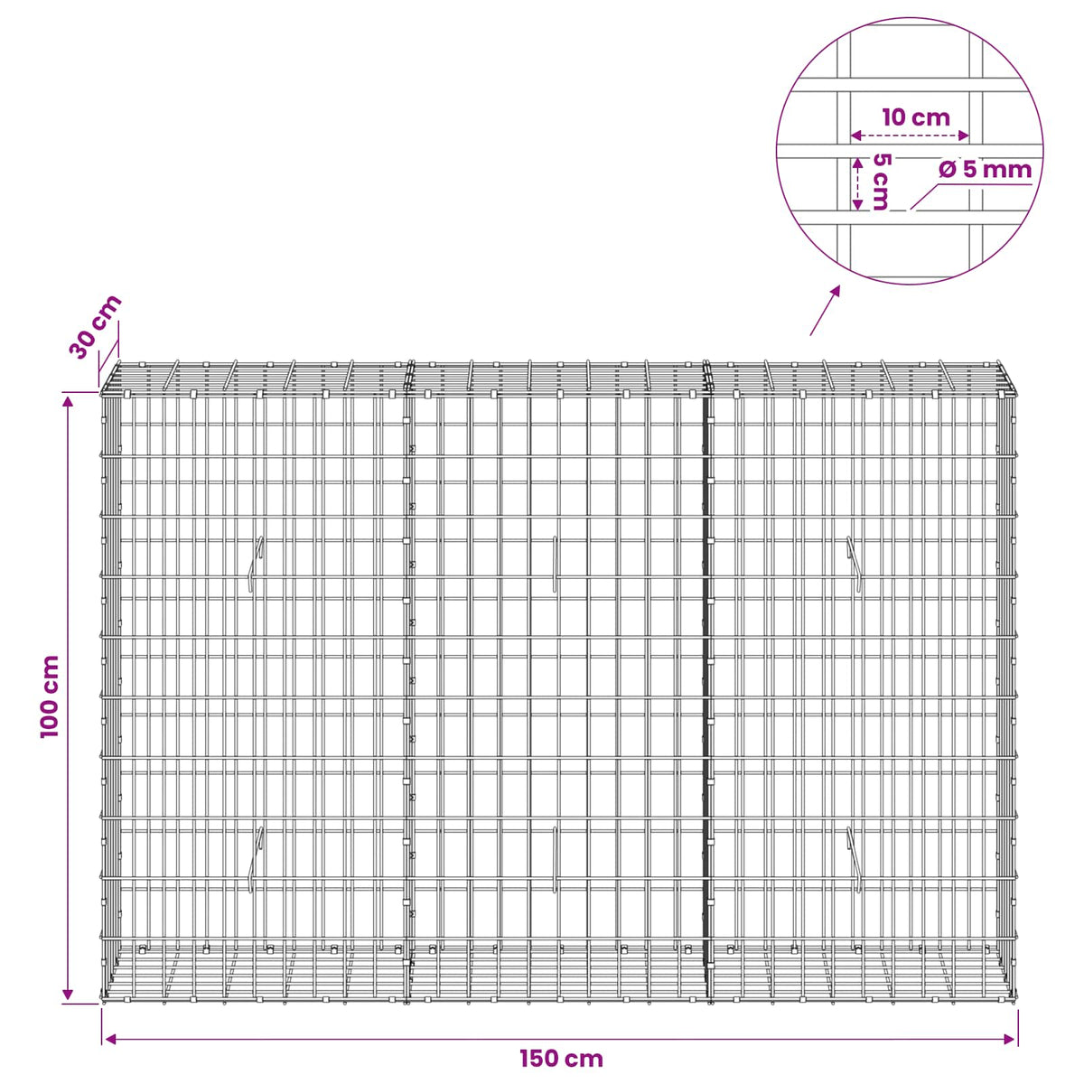 Γκαμπιόν με σύρμα 5 mm και πλέγμα 5x10 cm 150x30x100 εκ