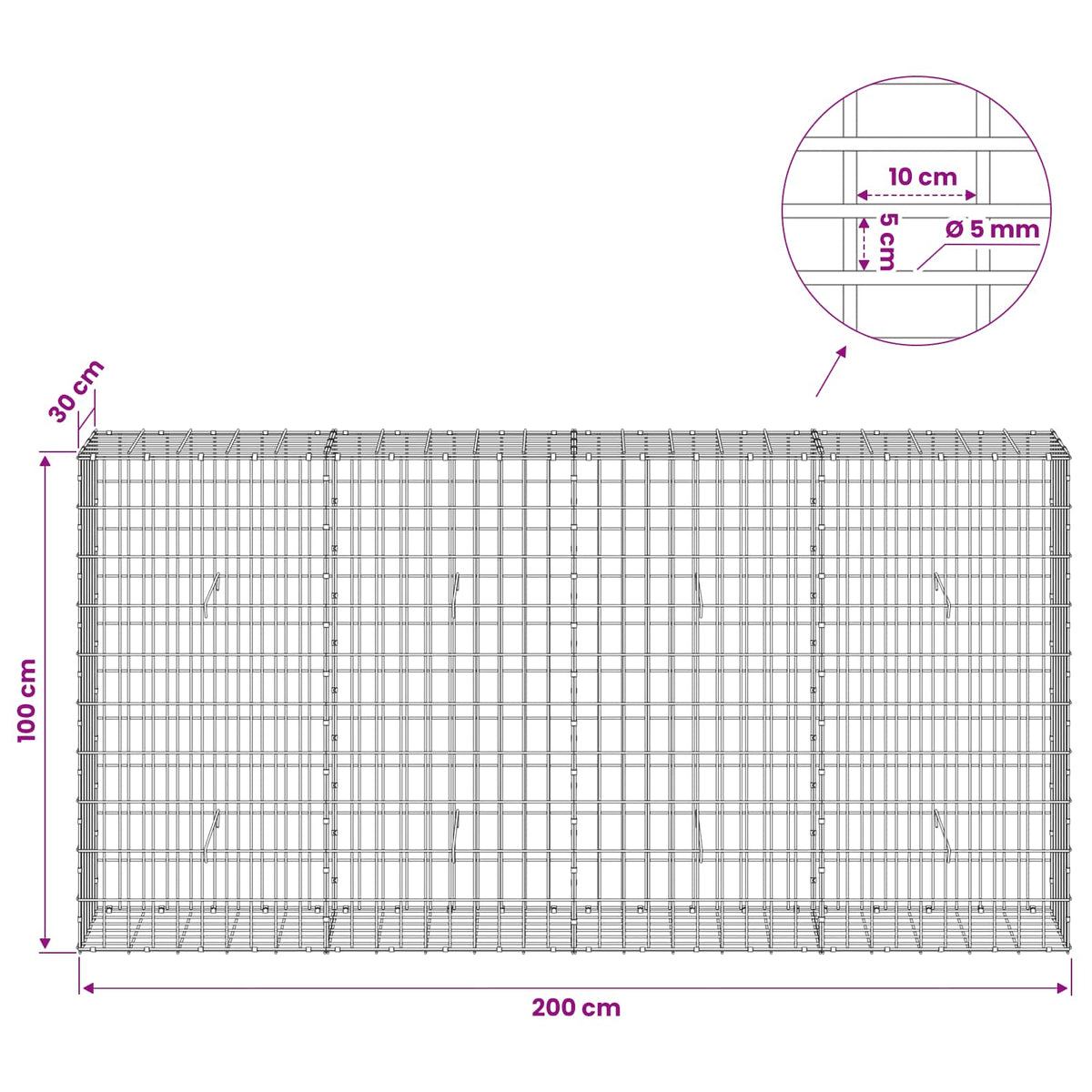 Γκαμπιόν με σύρμα 5 mm και πλέγμα 5x10 cm 200x30x100 εκ - Pakobazaar