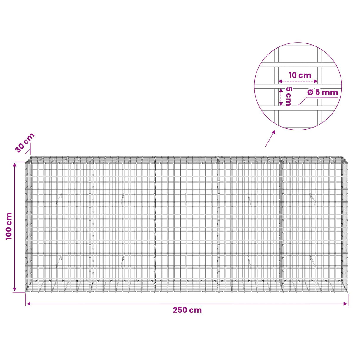 Γκαμπιόν με σύρμα 5 mm και πλέγμα 5x10 cm 250x30x100 εκ - Pakobazaar