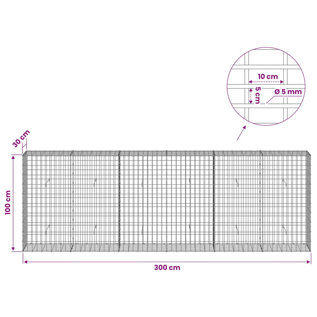 Γκαμπιόν με σύρμα 5 mm και πλέγμα 5x10 cm 300x30x100 εκ - Pakobazaar