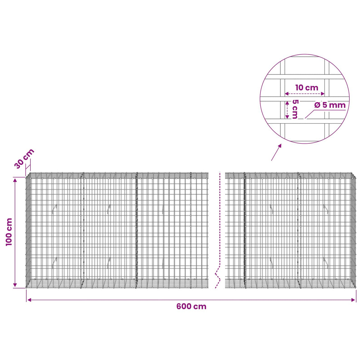 Γκαμπιόν με σύρμα 5 mm και πλέγμα 5x10 cm 600x30x100 εκ - Pakobazaar