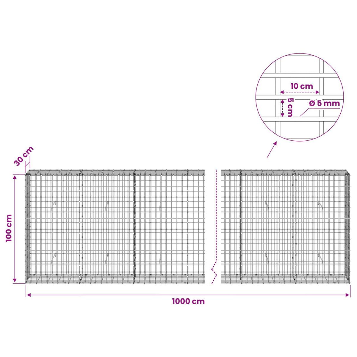 Γκαμπιόν με σύρμα 5 mm και πλέγμα 5x10 cm 1000x30x100 εκ - Pakobazaar
