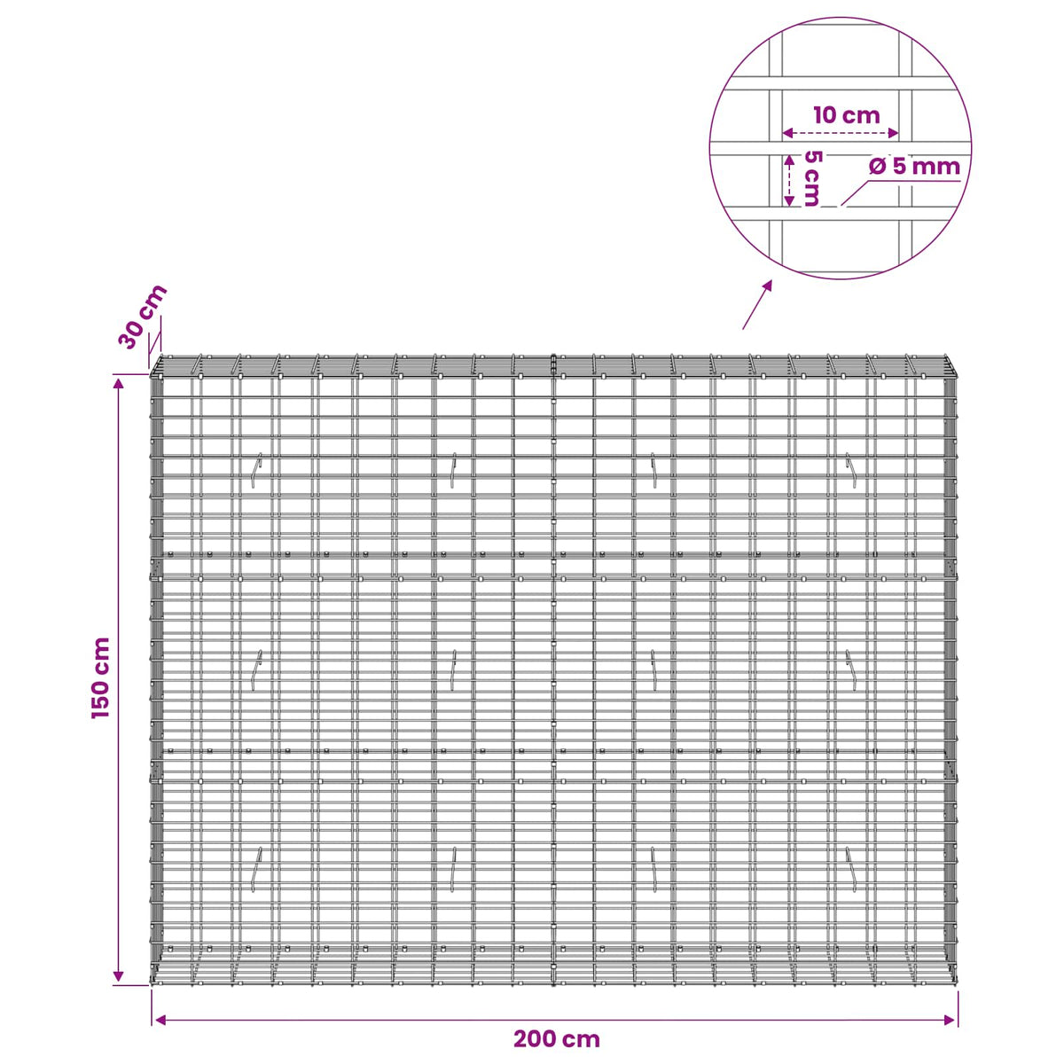 Γκαμπιόν με σύρμα 5 mm και πλέγμα 5x10 cm 200x30x150 εκ - Pakobazaar