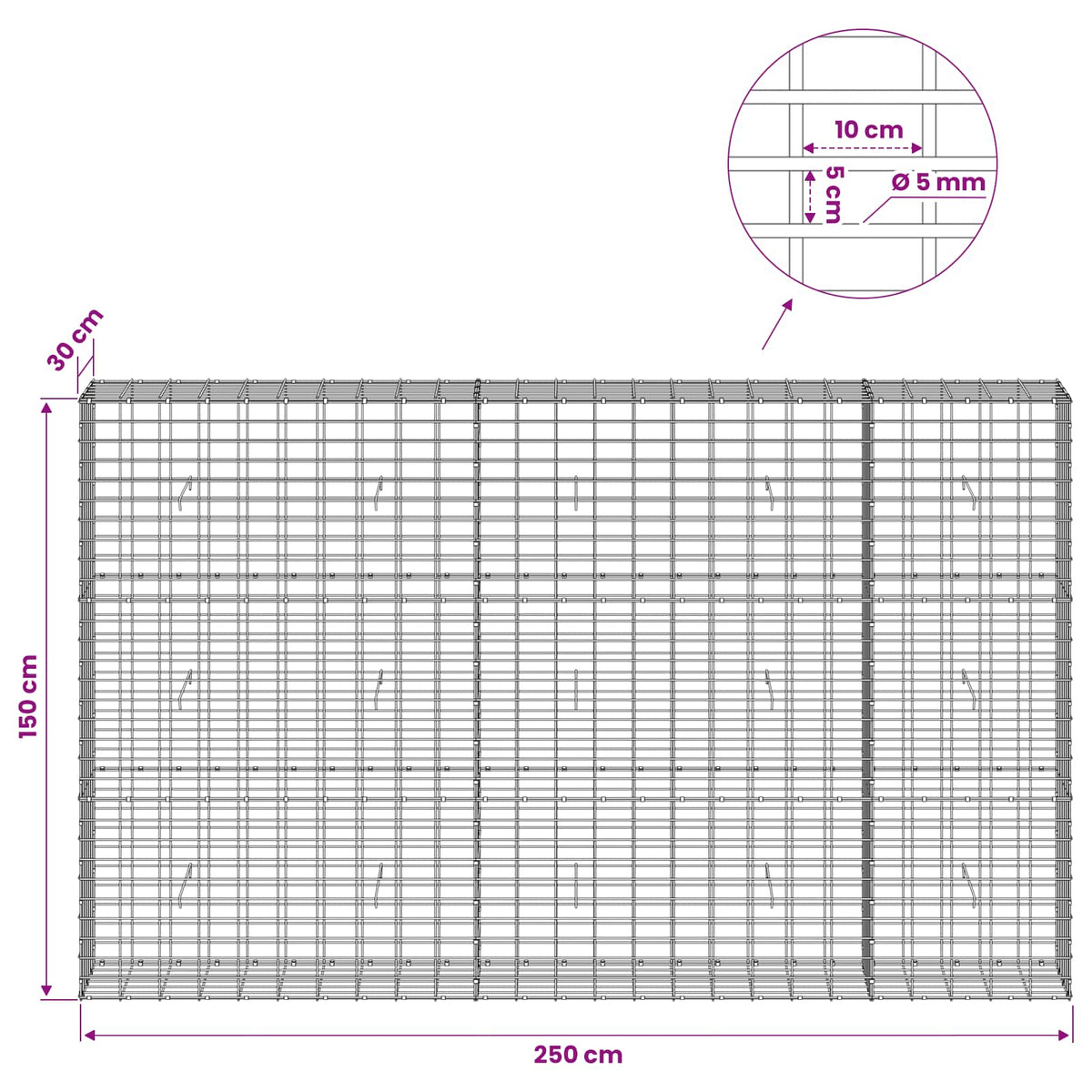 Γκαμπιόν με σύρμα 5 mm και πλέγμα 5x10 cm 250x30x150 εκ