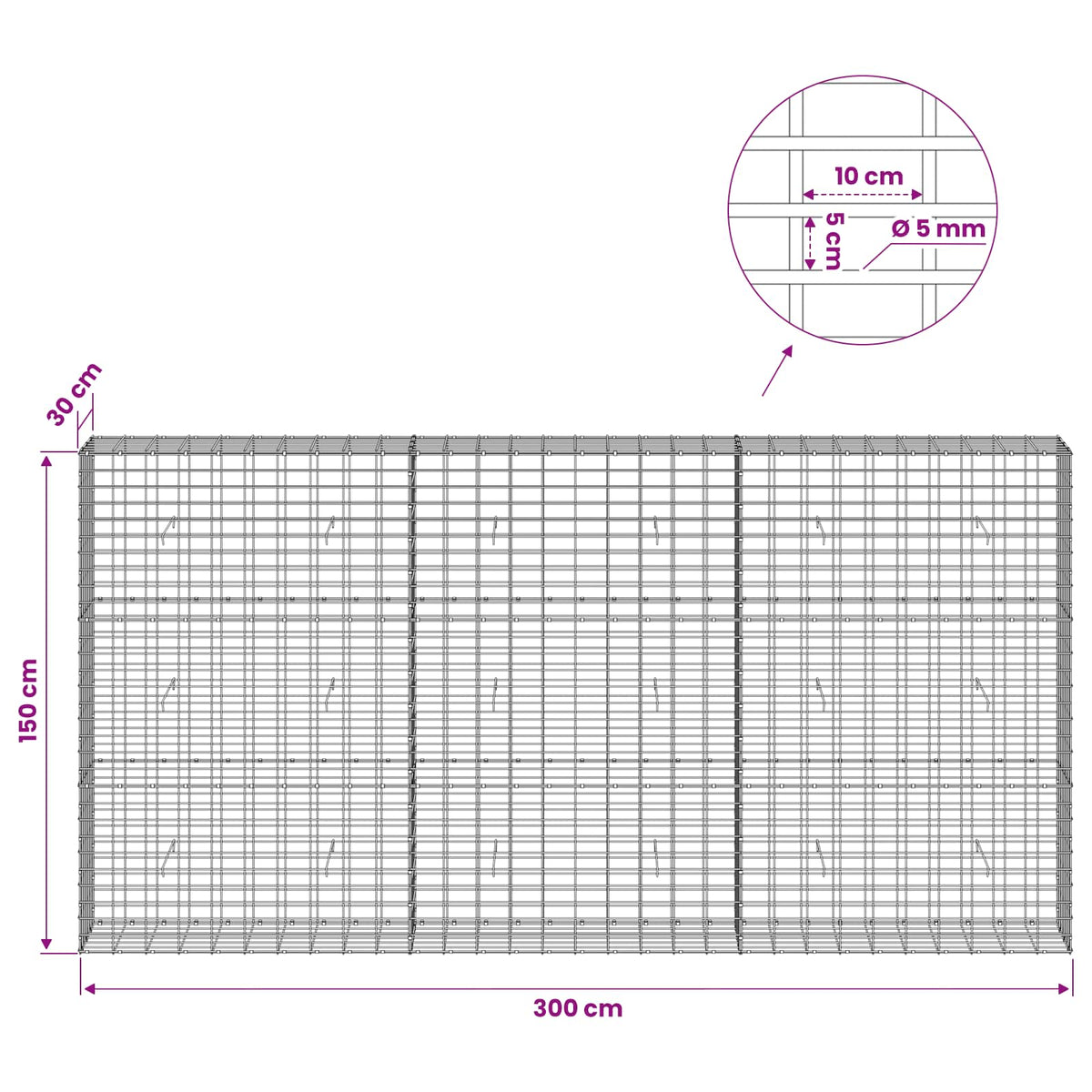Γκαμπιόν με σύρμα 5 mm και πλέγμα 5x10 cm 300x30x150 εκ - Pakobazaar