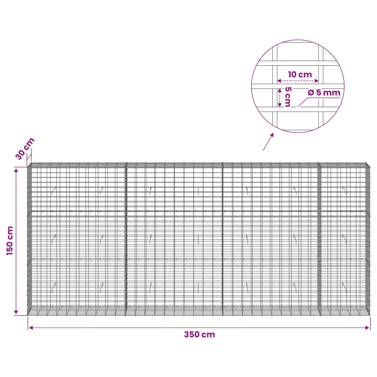 Γκαμπιόν με σύρμα 5 mm και πλέγμα 5x10 cm 350x30x150 εκ. - Pakobazaar