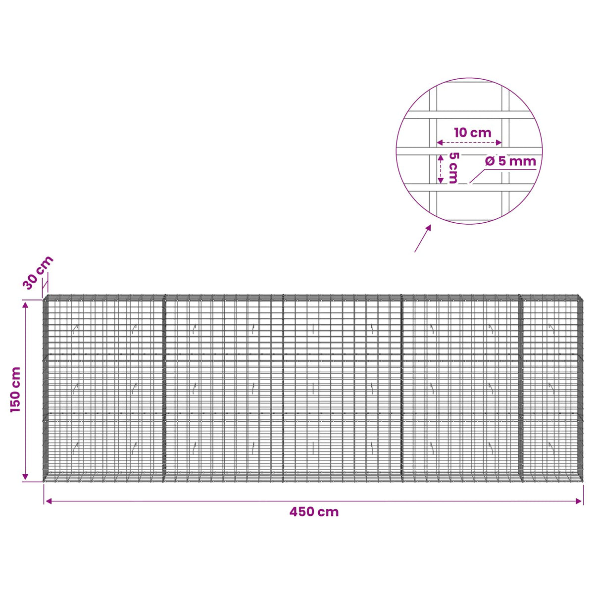 Γκαμπιόν με σύρμα 5 mm και πλέγμα 5x10 cm 450x30x150 εκ - Pakobazaar