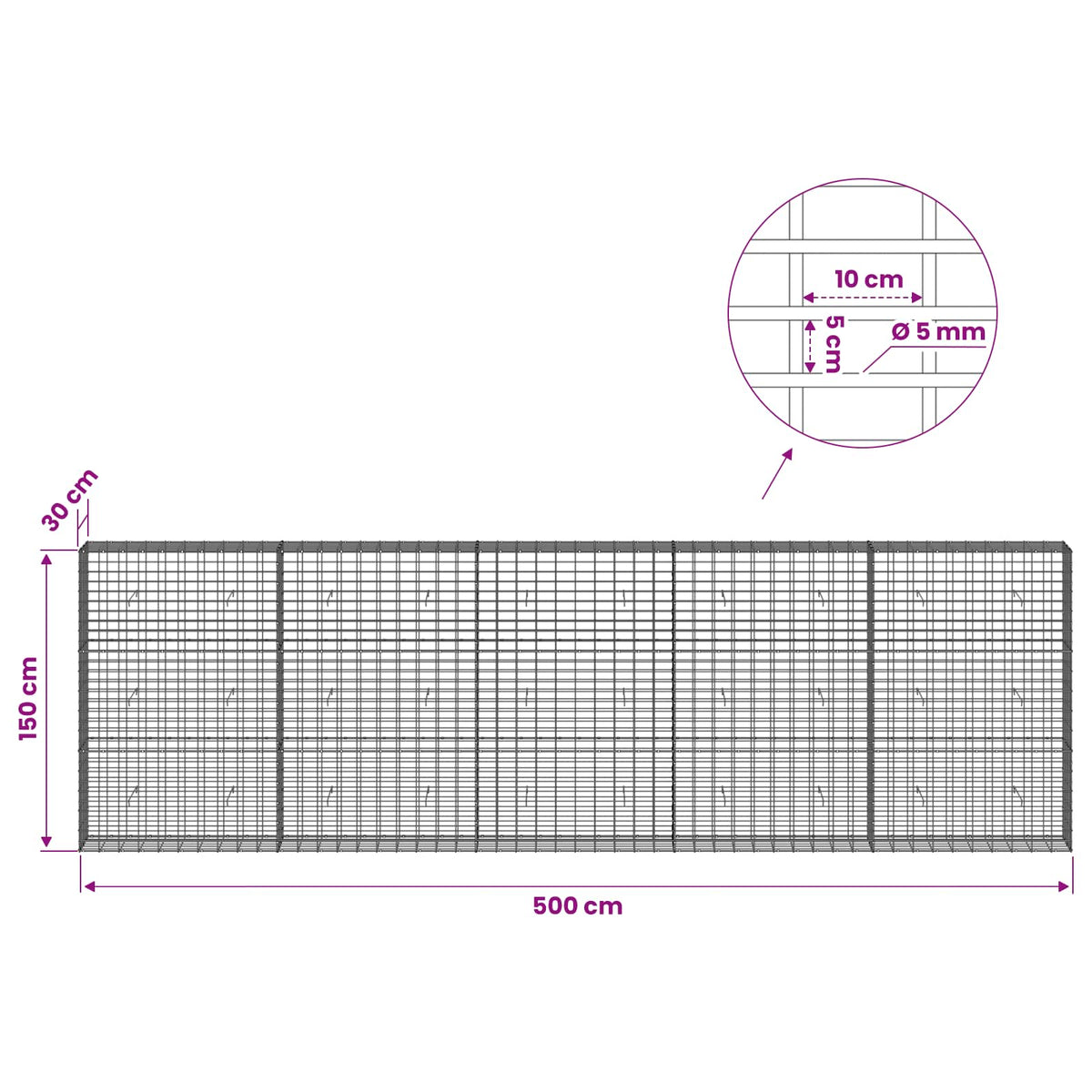 Γκαμπιόν με σύρμα 5 mm και πλέγμα 5x10 cm 500x30x150 εκ - Pakobazaar