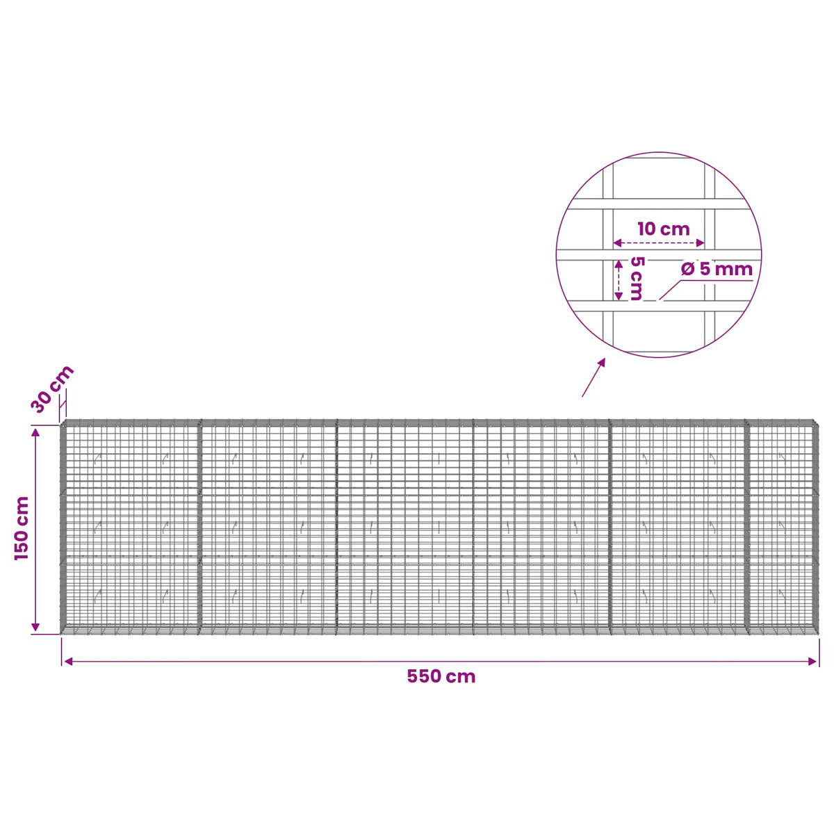 Γκαμπιόν με σύρμα 5 mm και πλέγμα 5x10 cm 550x30x150 εκ - Pakobazaar