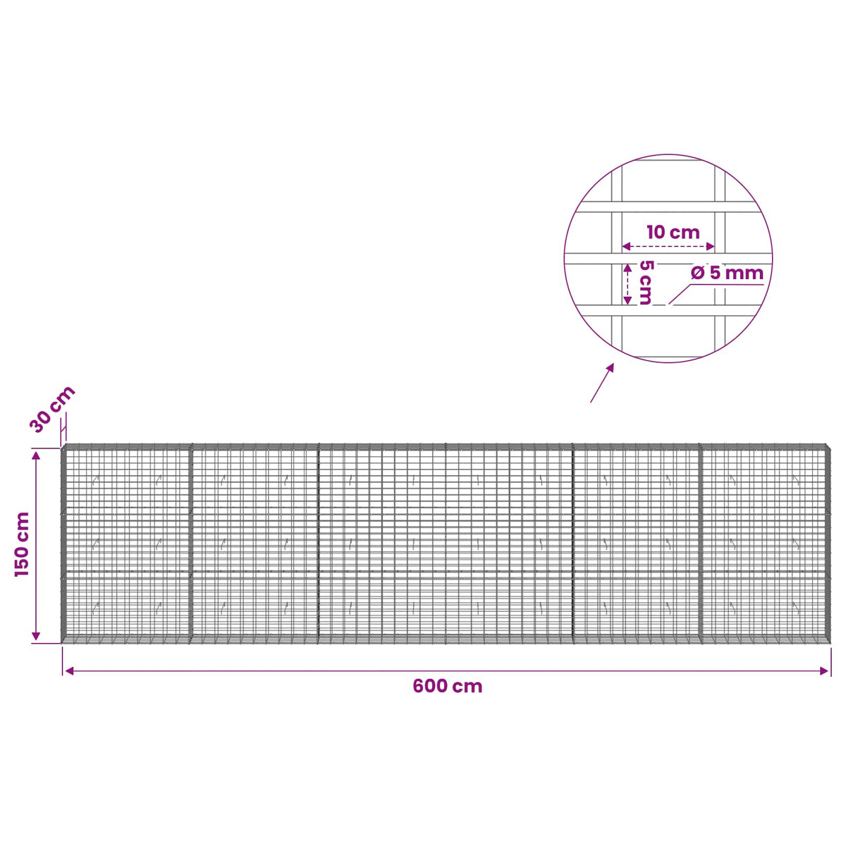 Γκαμπιόν με σύρμα 5 mm και πλέγμα 5x10 cm 600x30x150 εκ - Pakobazaar