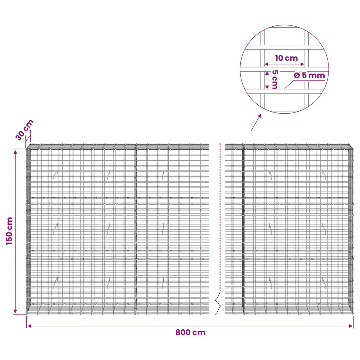 Γκαμπιόν με σύρμα 5 mm και πλέγμα 5x10 cm 800x30x150 εκ - Pakobazaar