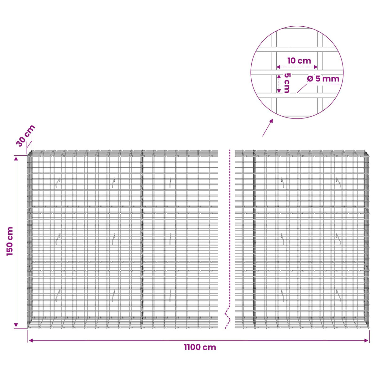 Γκαμπιόν με σύρμα 5 mm και πλέγμα 5x10 cm 1100x30x150 εκ