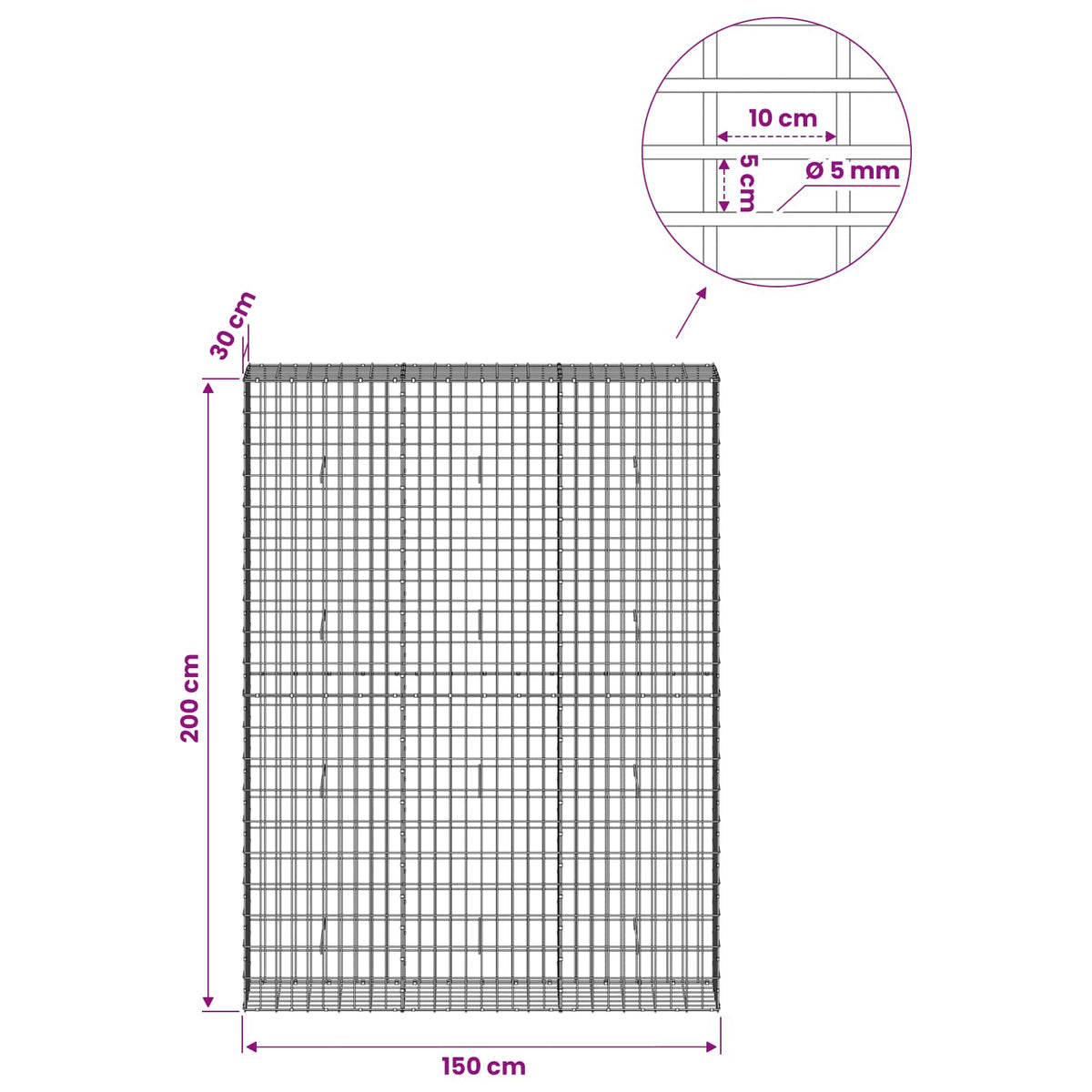 Γκαμπιόν με σύρμα 5 mm και πλέγμα 5x10 cm 150x30x200 εκ - Pakobazaar
